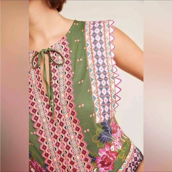 Anthropologie olive green and pink floral boho v neck tank top blouse - Picture 3 of 6